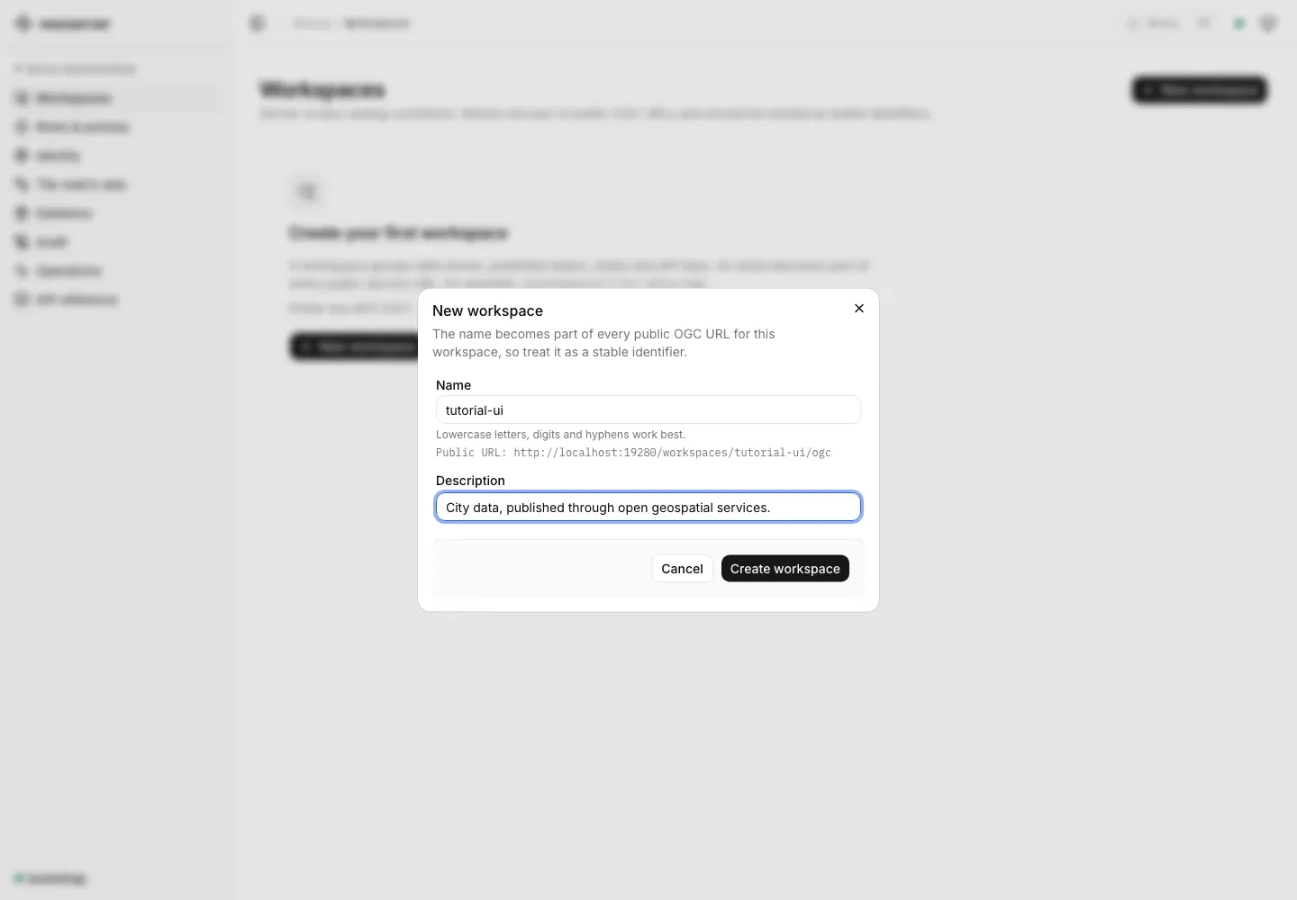 New workspace dialog filled with the tutorial-ui workspace name and a description