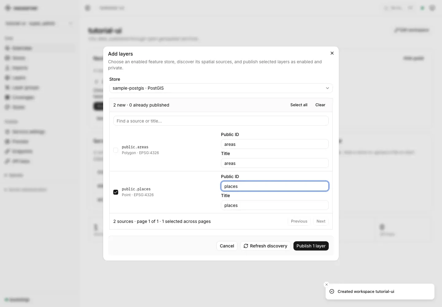 Layer discovery dialog with public.places selected for publication as places