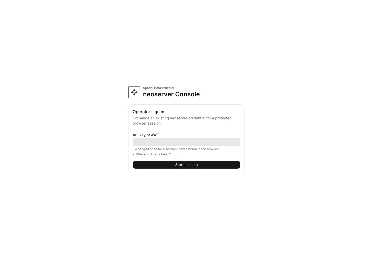 Neoserver sign-in screen with API key or JWT input