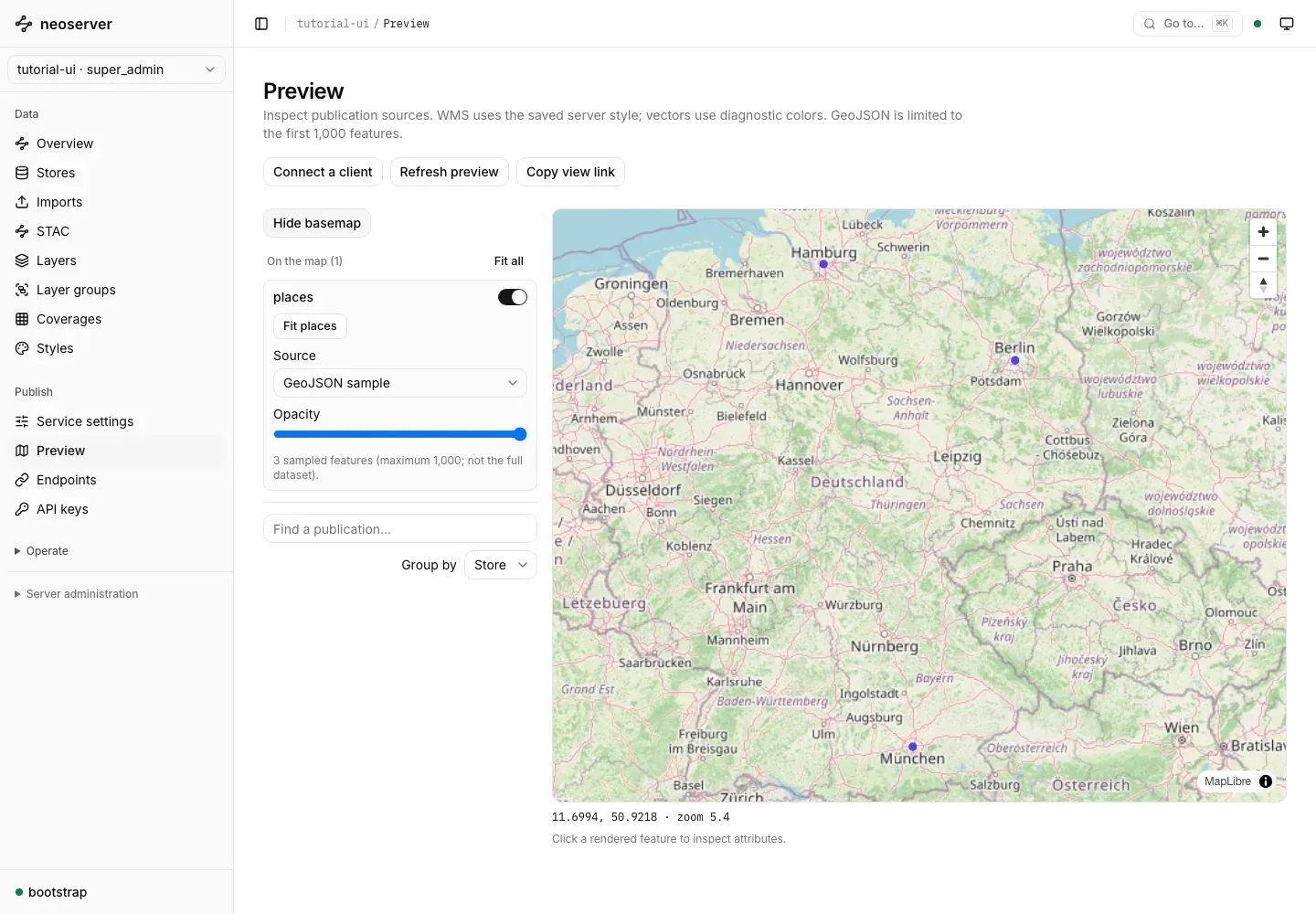 Neoserver console showing published geospatial layers on the map preview