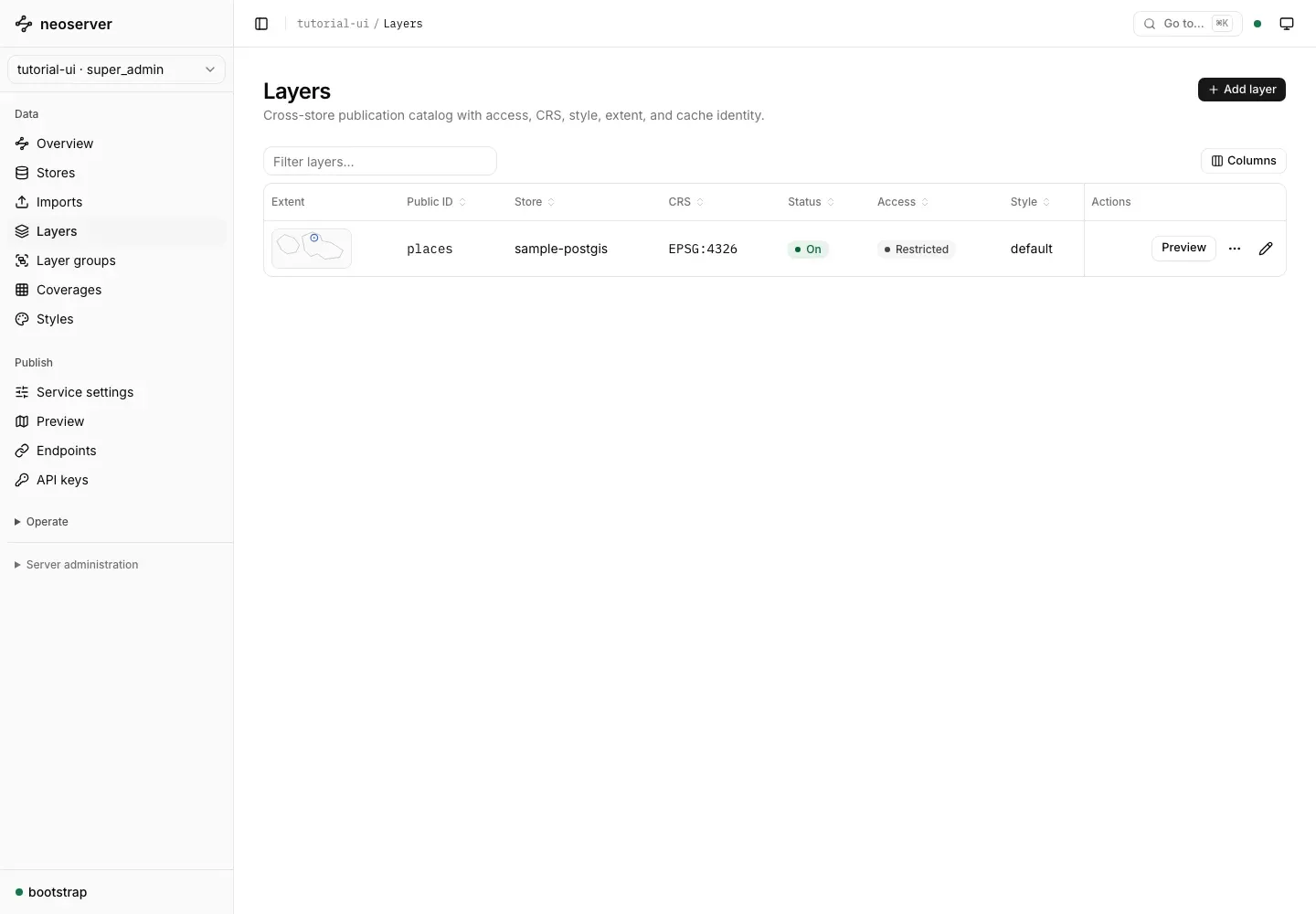 Layers catalog listing the places publication with restricted access