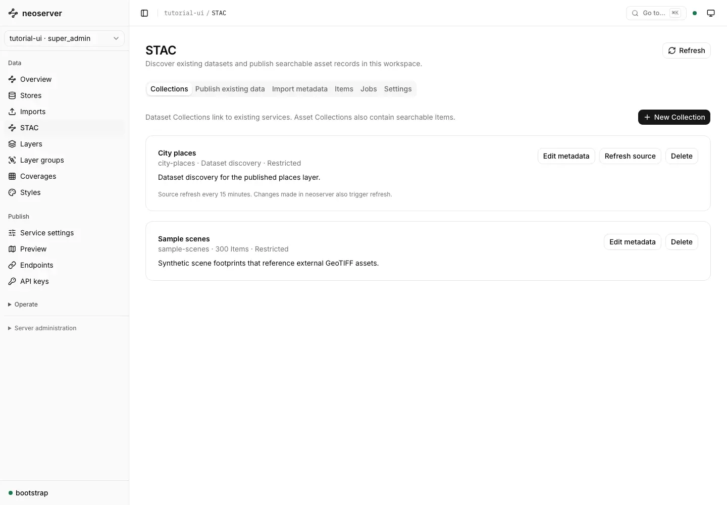 STAC Collections list with the City places dataset Collection and 300 Sample scenes Items
