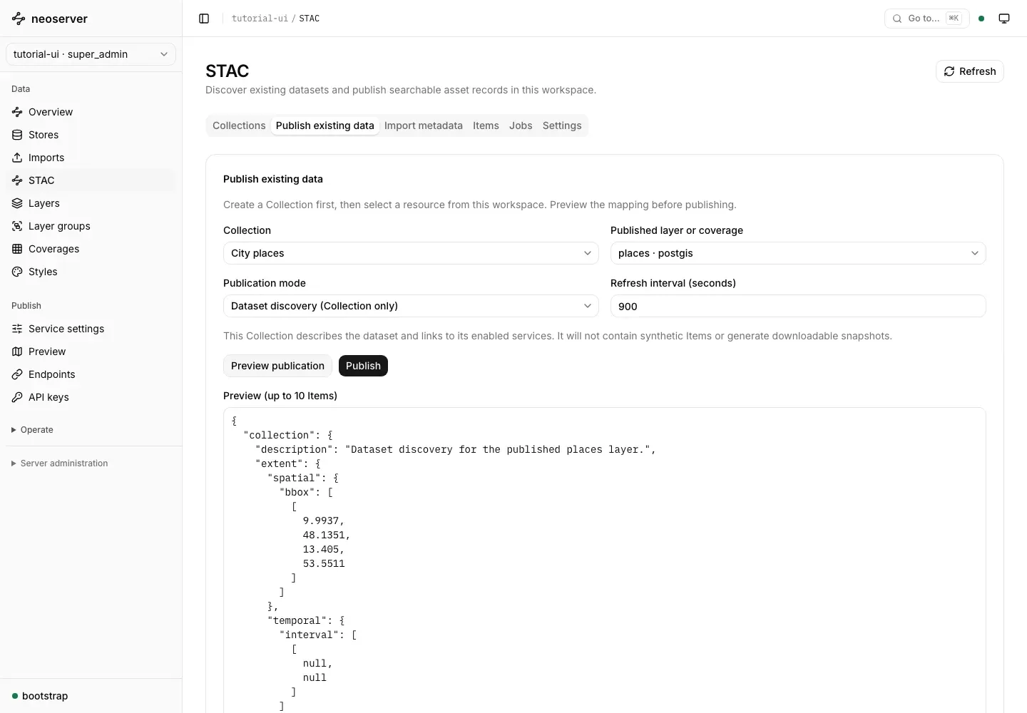 Publish existing data form with the places layer selected and a Collection preview