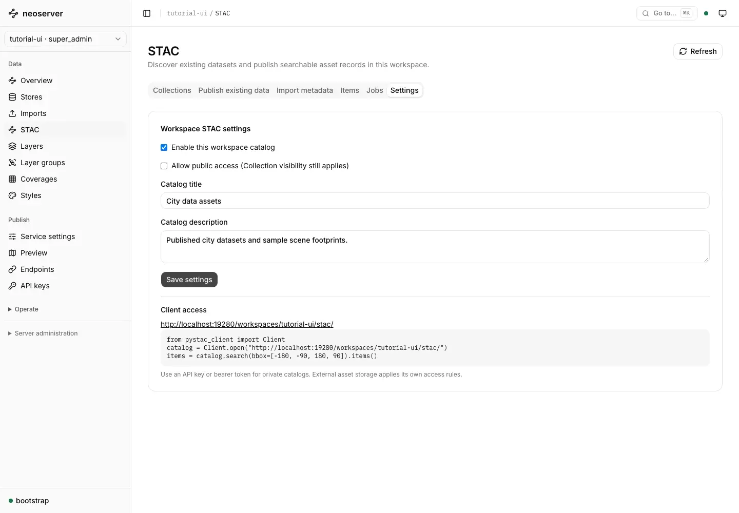 Workspace STAC settings with the catalog enabled and the client access URL