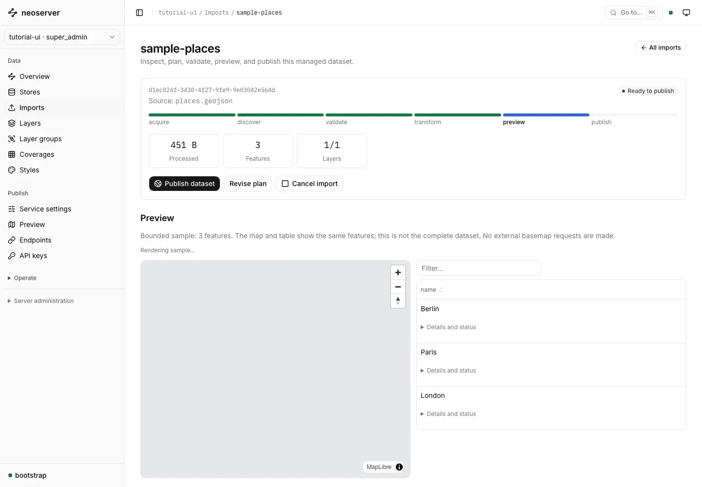 Validated import plan showing the dataset mapping and Publish dataset action