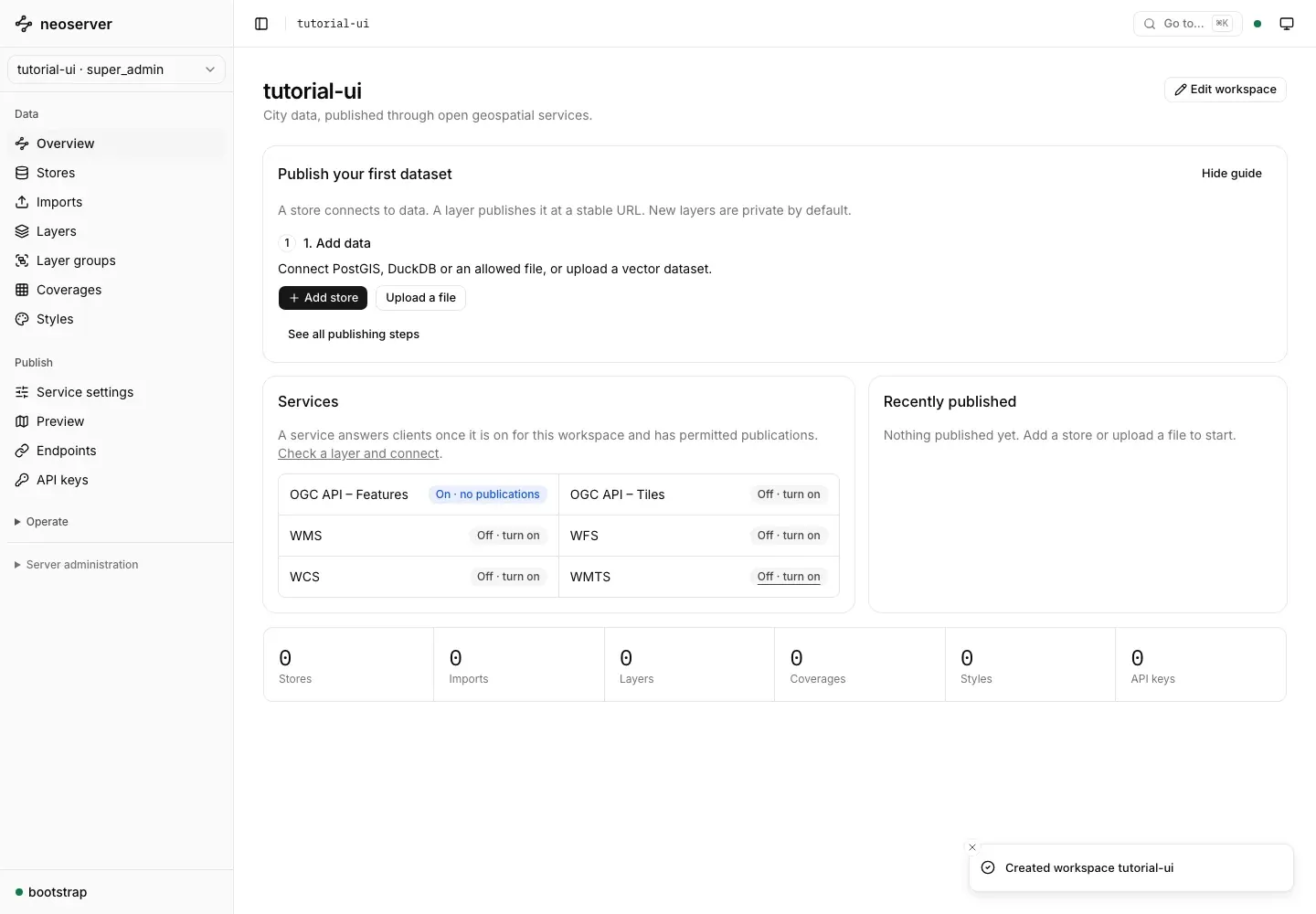 Workspace overview with the publishing guide and catalog summary