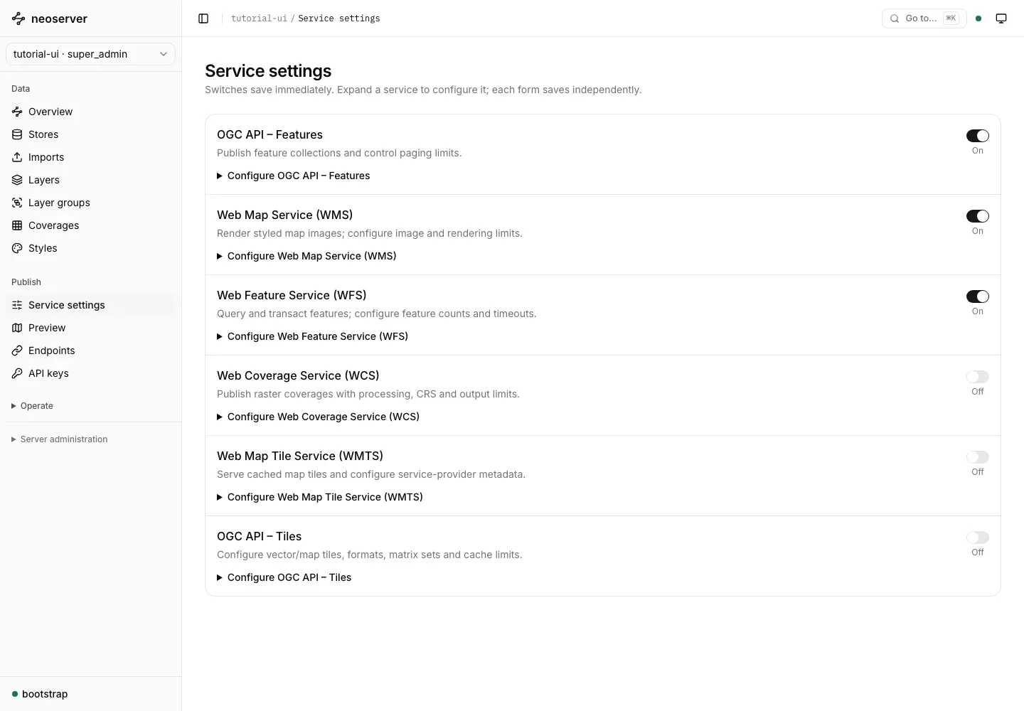 Workspace service settings showing OGC protocol switches